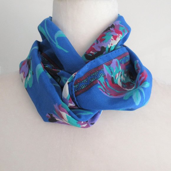 Rectangular Floral Pattern Scarf 10" x 52" Made in Italy, Blue, Purple, Black - Picture 2 of 8